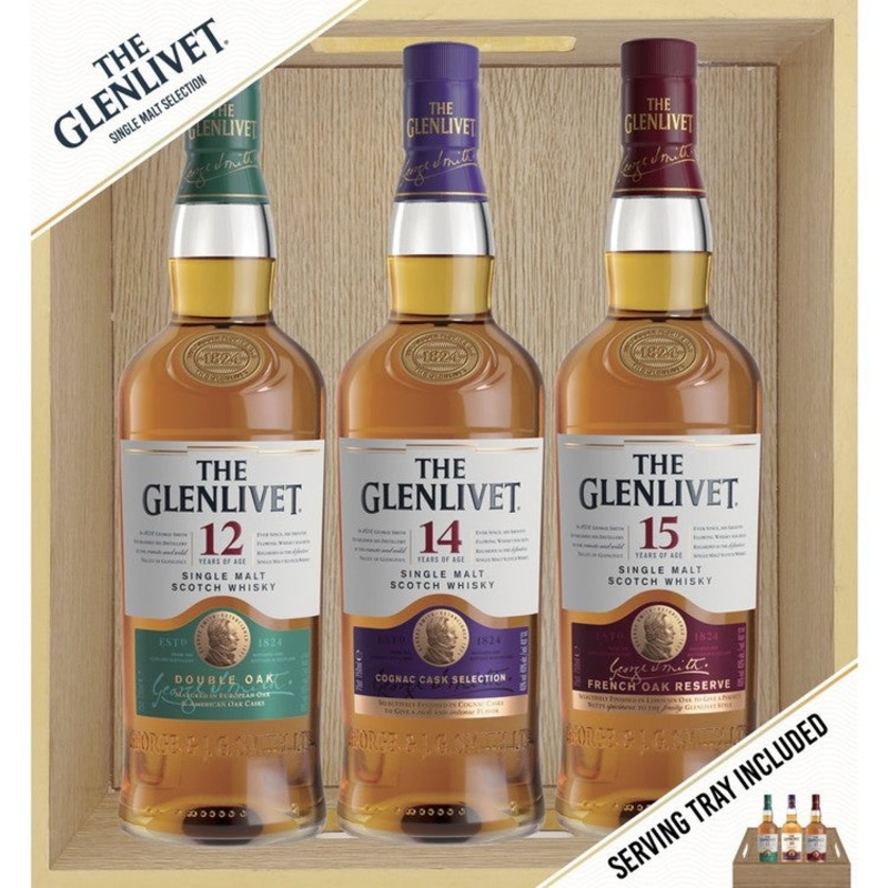 THE GLENLIVET SINGLE MALT SCOTCH COMBO 1 EACH COGNAC CASK 14YR 80, FRENCH OAK 15YR 80 & 12YR 80 750ML 750ML