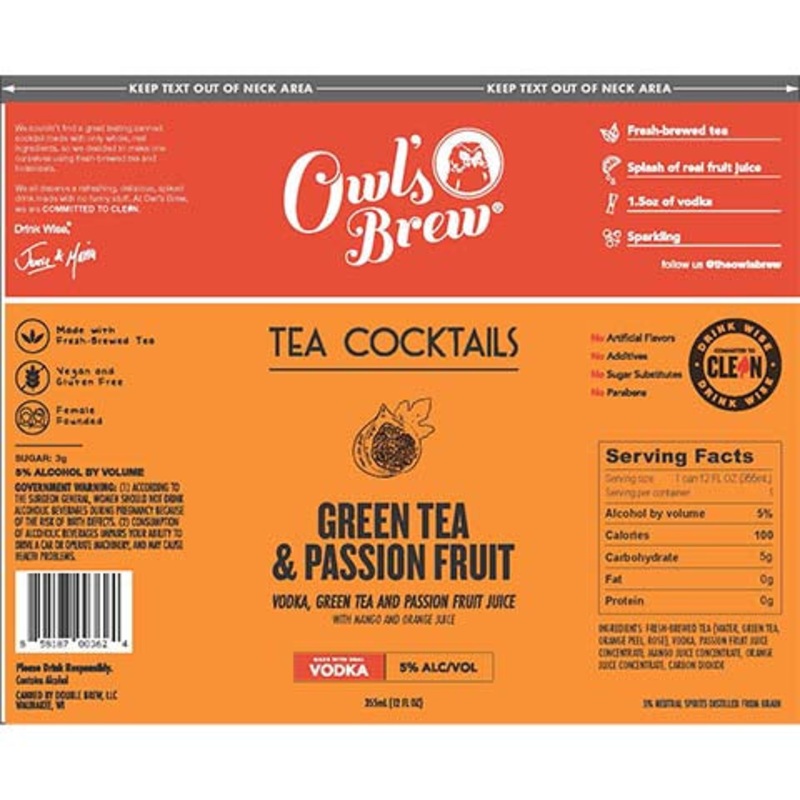 Owl's Brew Green Tea & Passion Fruit Tea Cocktails 12OZ SINGLE CAN