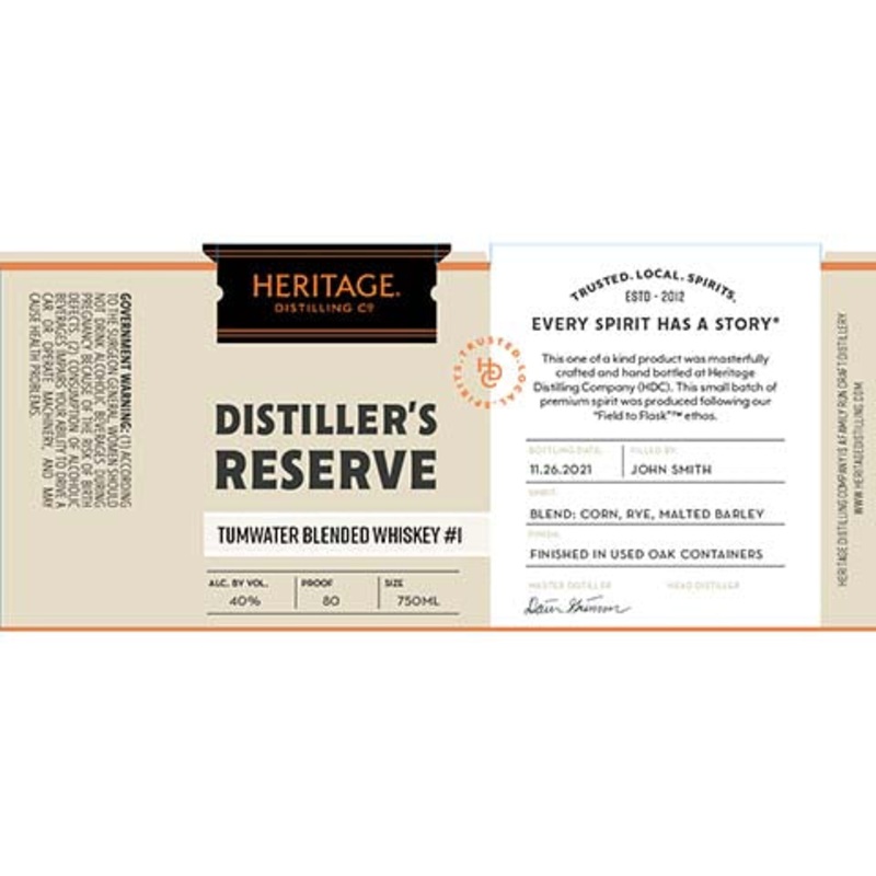 Heritage Distiller's Reserve Tumwater Blended Whiskey #1 750ML BTL