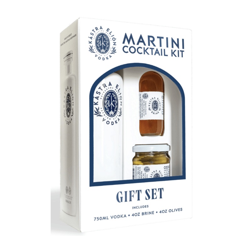 Kastra Elion Vodka Martini Cocktail Gift Set (750mL Vodka + 4oz Brine + 4oz Olives)
