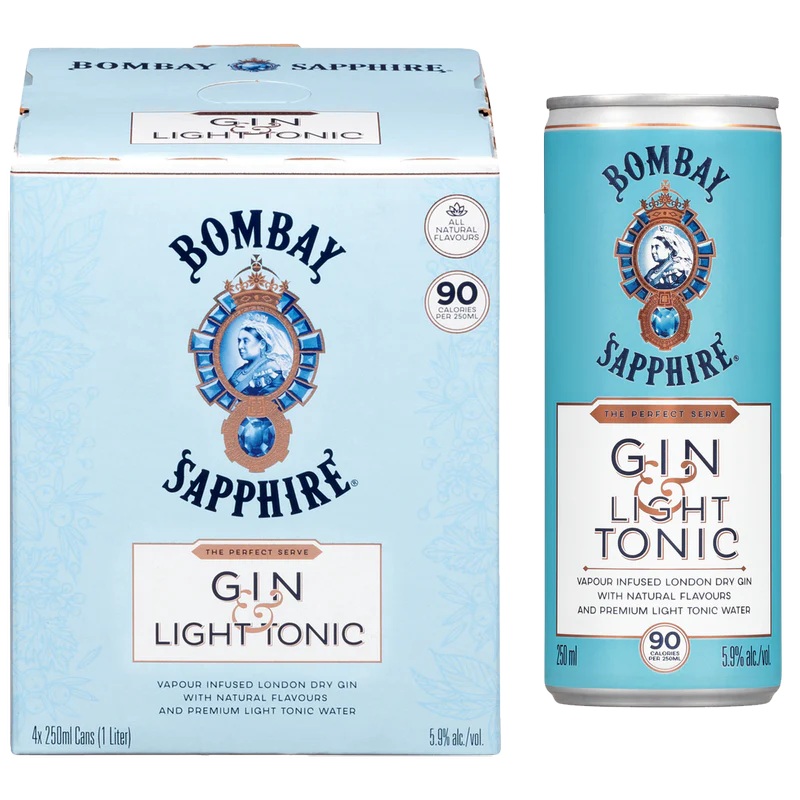 BOMBAY SAPPHIRE GIN & LIGHT TONIC 250ML 4PK CAN @ Emerald Hills [1031256] 1000 ml