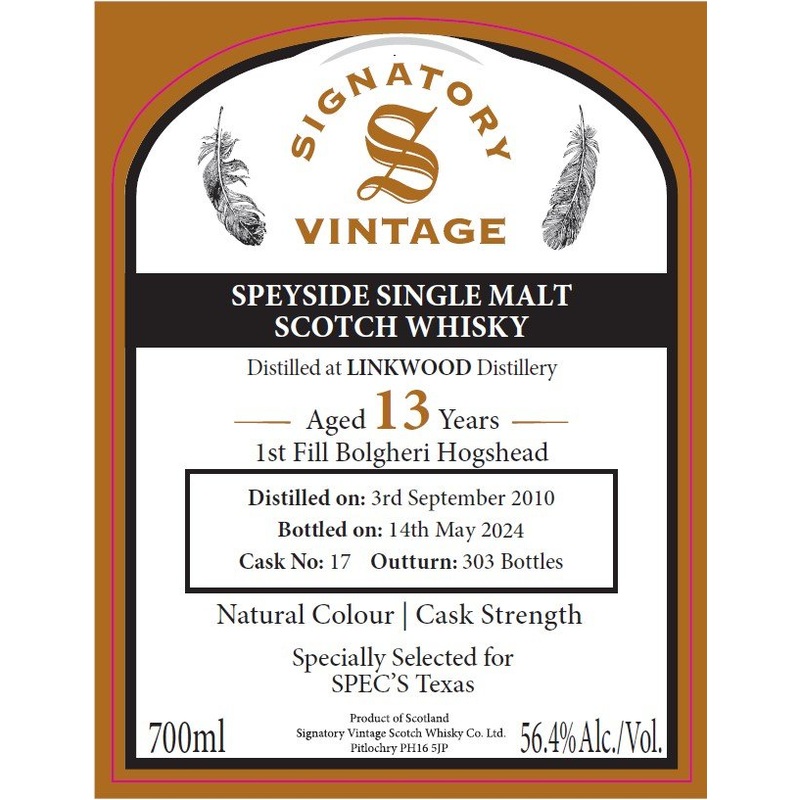 Signatory Vintage Linkwood 13 Year Old Speyside Single Malt Scotch Whisky 1st Fill Bolgheri Hogshead, Cask Strength