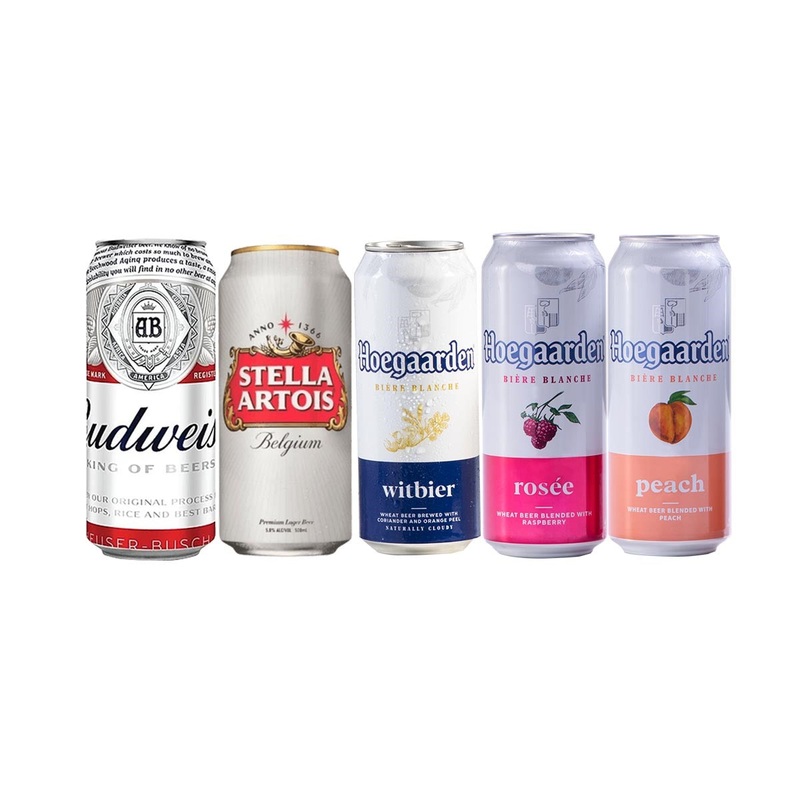 Premium Beer 500ml Can Trial Pack (1x Stella Artois, 1x Hoegaarden White, 1x Hoegaarden Rosee, 1x Hoegaarden Peach, 1x Budweiser) - Total 5 Cans