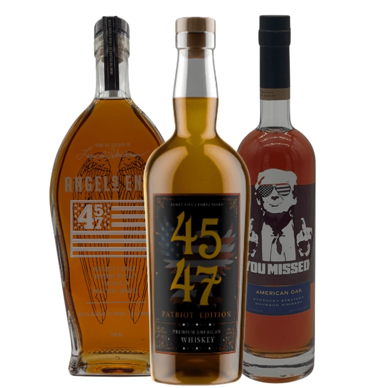 The MAGA Bundle  4547 American Whiskey Patriot Edition, 2XO American Oak "You Missed" Limited Edition, and Angels Envy Straight Bourbon 457 Edition