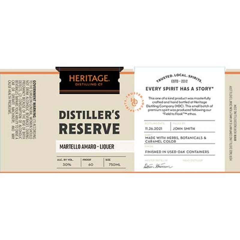 Heritage Distiller's Reserve Martello Amaro Liqueur 750ML BTL