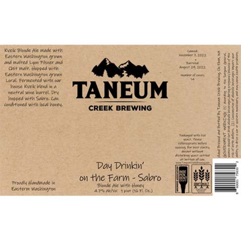 Taneum Day Drinkin' on the Farm - Sabro Blonde Ale 16OZ SINGLE CAN
