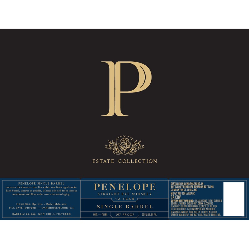 Penelope Estate Collection 12 Year Single Barrel Straight Rye Whiskey
