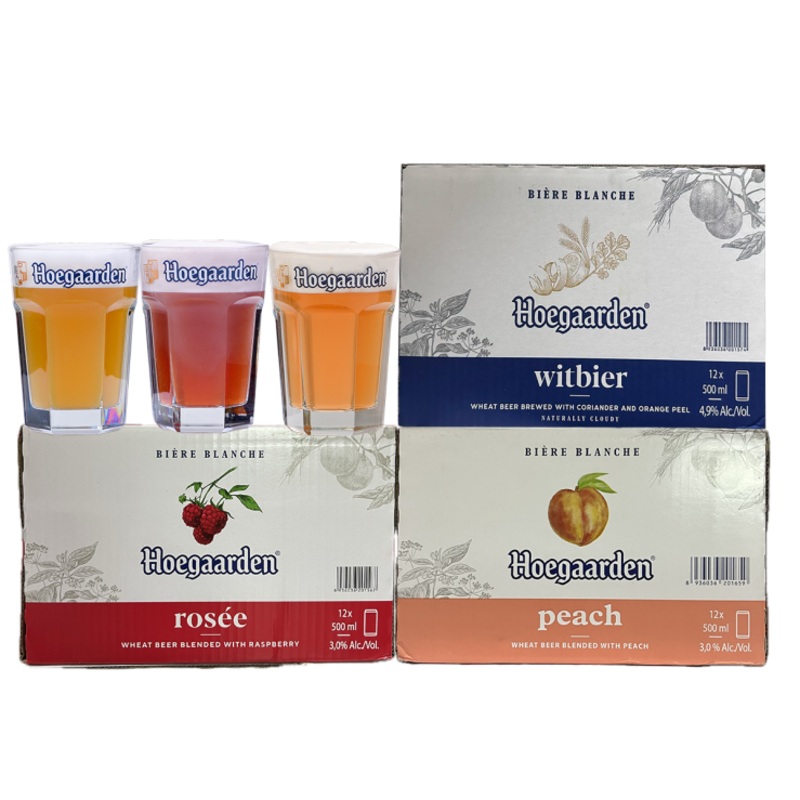 Hoegaarden: White, Rosee, Peach Beer 500ml Can Discovery Pack - (Total 1x White 500ml Can Case, 1x Rosee 500ml Can Case, 1x Peach 500ml Can Case, 3x 330ml Glass)