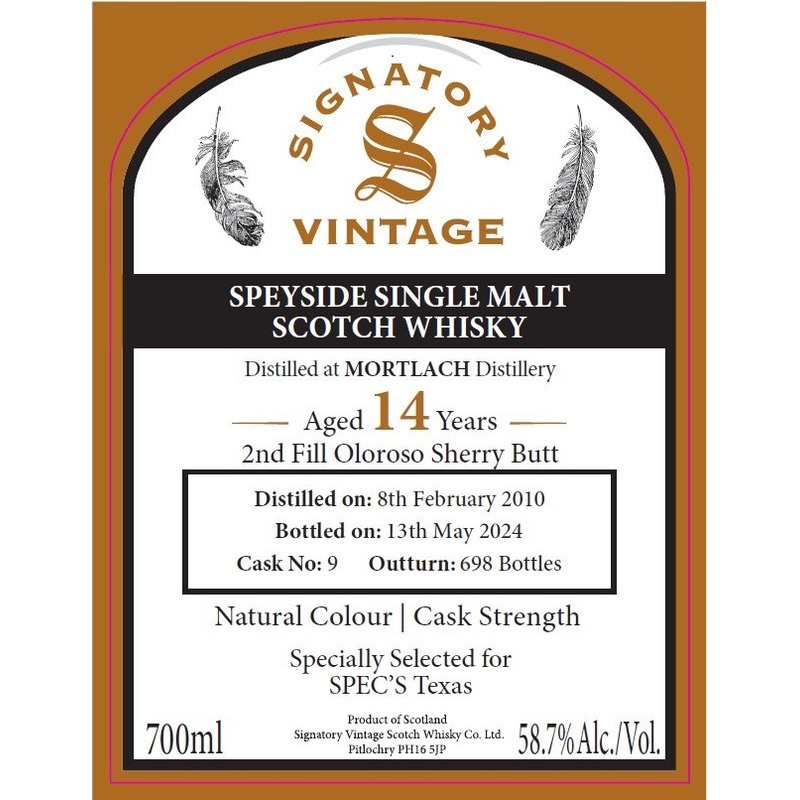 Signatory Vintage Mortlach 14 Year Old Speyside Single Malt Scotch Whisky 2nd Fill Oloroso Sherry Butt, Cask Strength