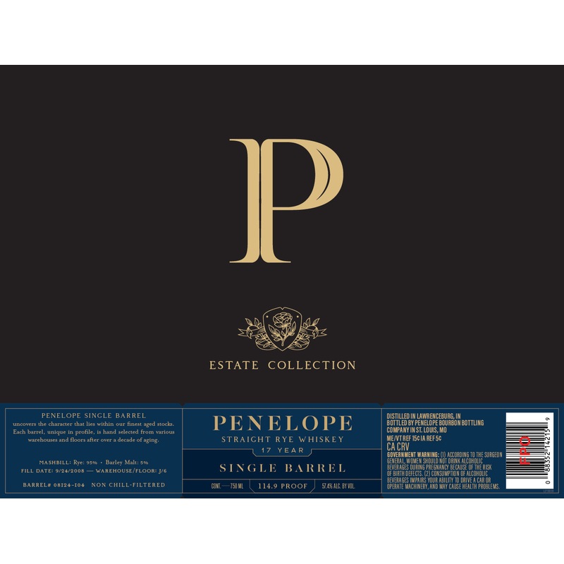 Penelope Estate Collection 17 Year Straight Rye Whiskey Single Barrel