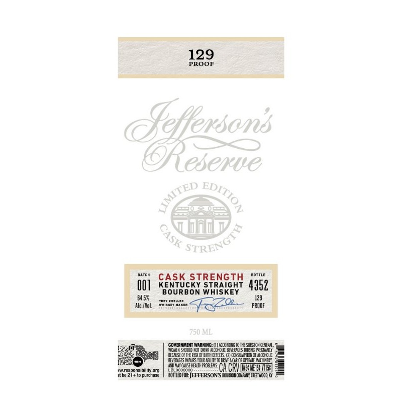 Jefferson's Reserve Limited Edition Cask Strength Kentucky Straight Bourbon Whiskey