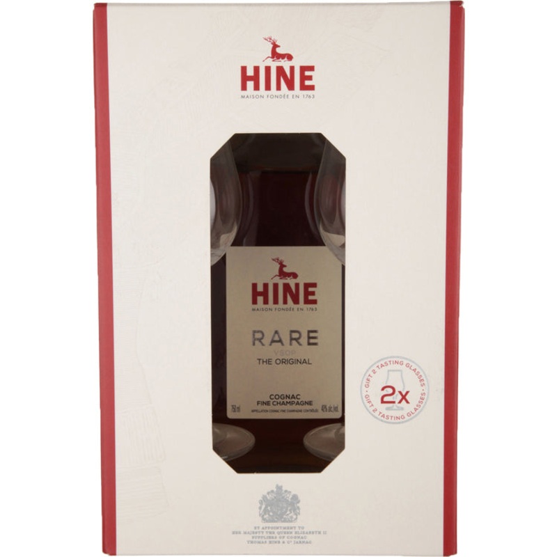 HINE FINE CHAMPAGNE COGNAC VSOP RARE THE ORIGINAL 80 W/ 2 ROCKS GLASSES 750ML 750ML